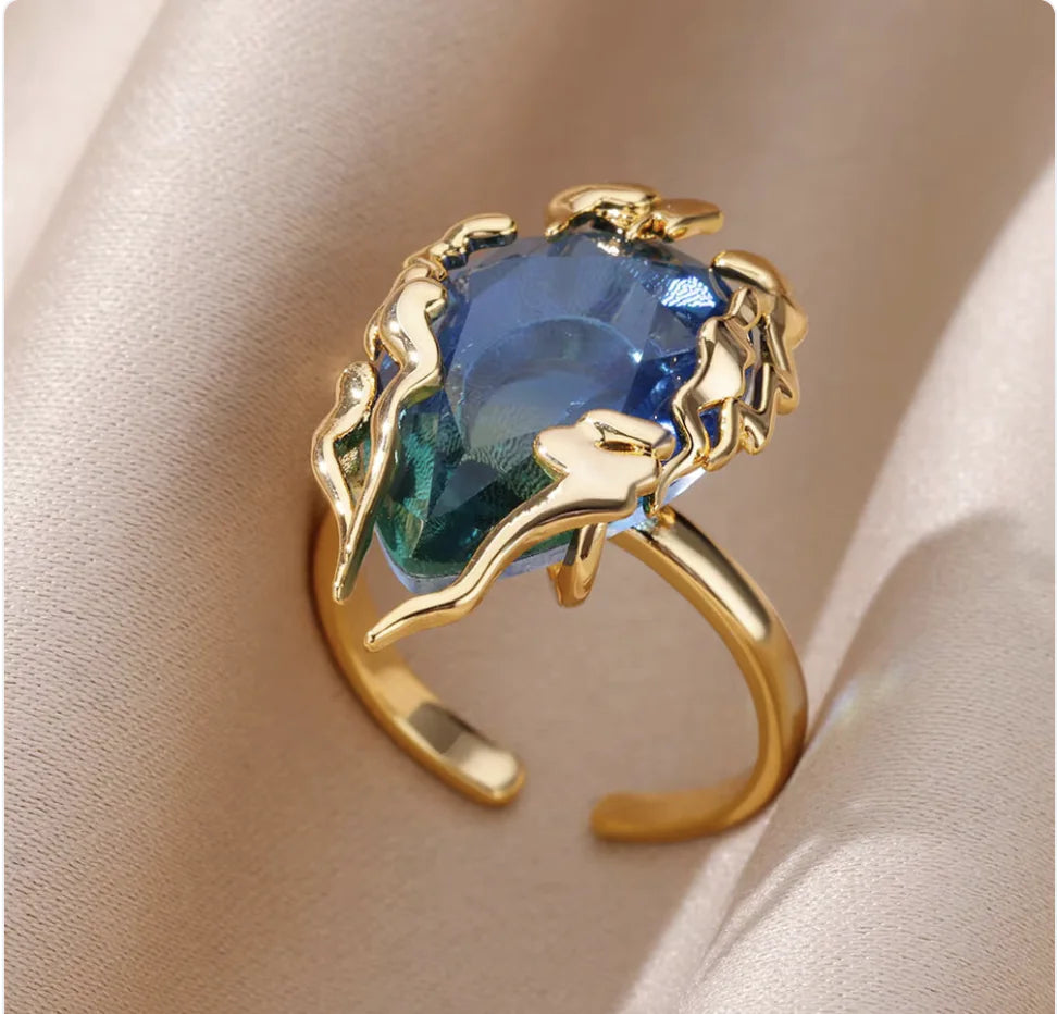 Anillo Floral Ajustable Gema Azul