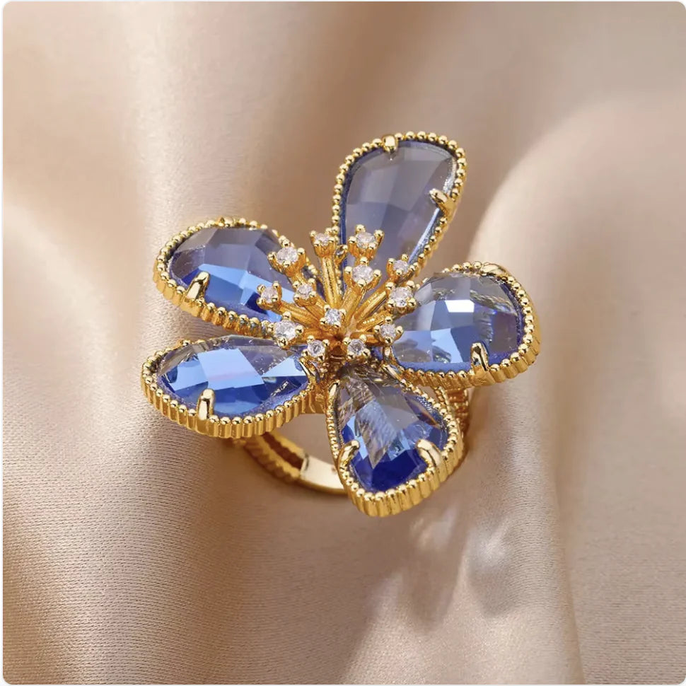 Anillo Floral Diamante Azul