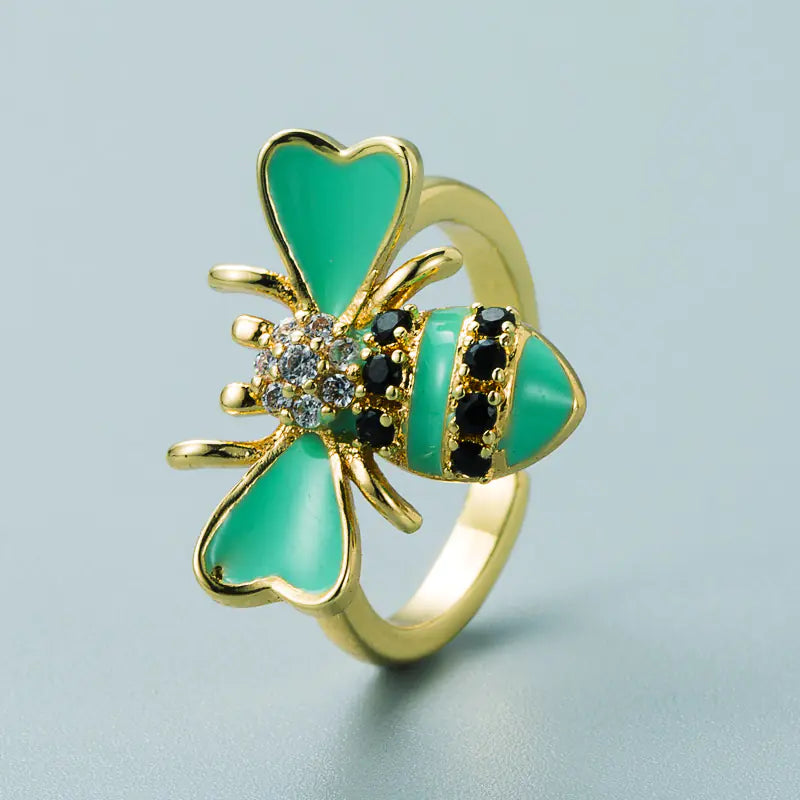 Bee Ring with Zirconia Inlaid in Gold Plated Copper